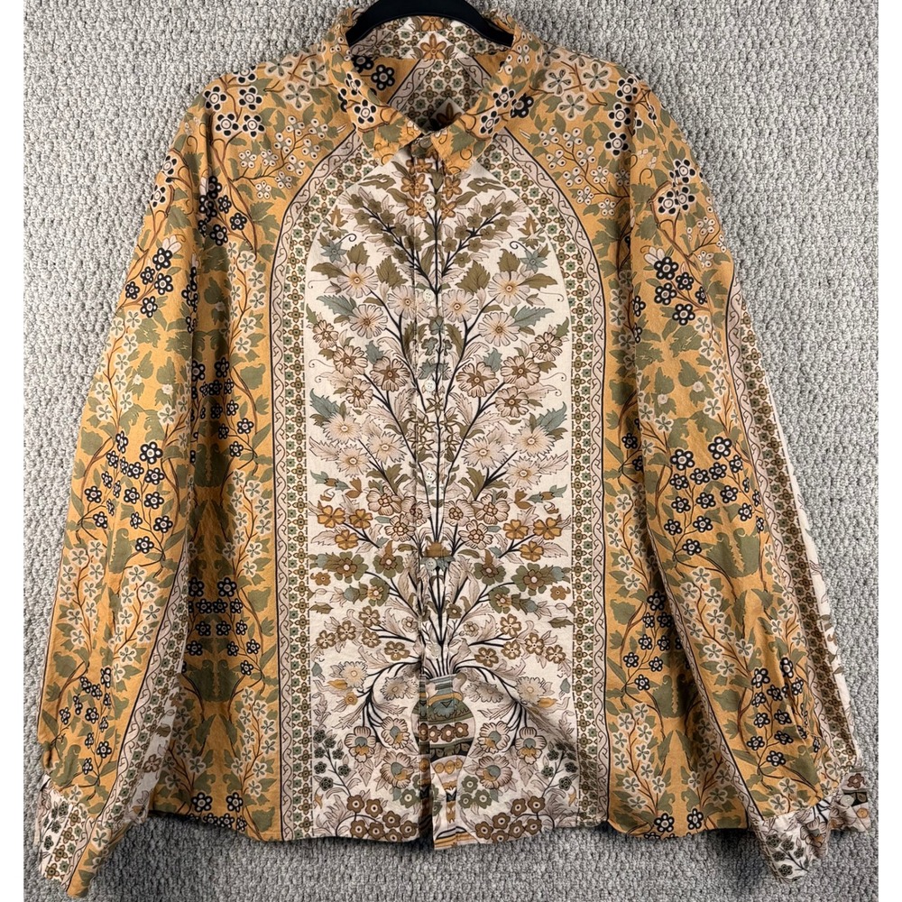 Boho Floral Tapestry Print Button Down 3XL Cottagecore Folk Art Hippie Mens